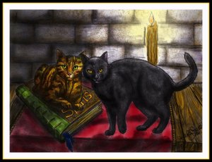 Two cats hanging out on a book on an altar with a red cloth and lit candle
